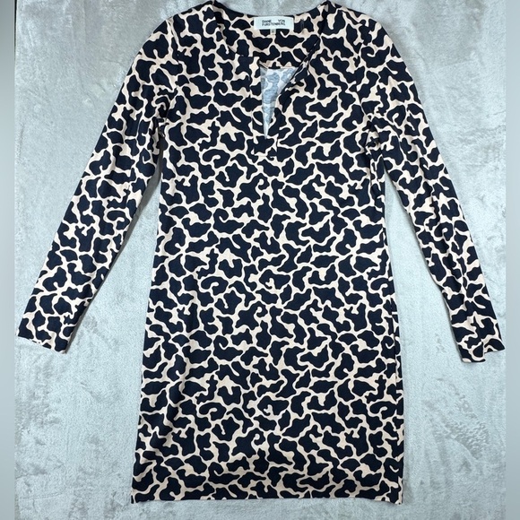 Diane Von Furstenberg DVF Silk Blend Navy Blue Light Peach Pink Tunic Dress 6 - Picture 1 of 16